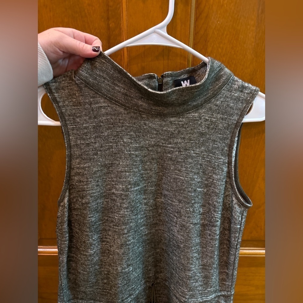 W By Worth Heather Green Sleevless Wool Knit Dress Mock Neck Drawstring Waist - Picture 3 of 13